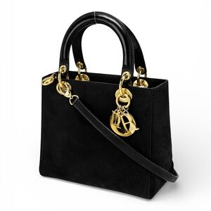 Dior Diorissimo Lady Dior Black Suede Top-Handle Bag with Gold Hardware Medium